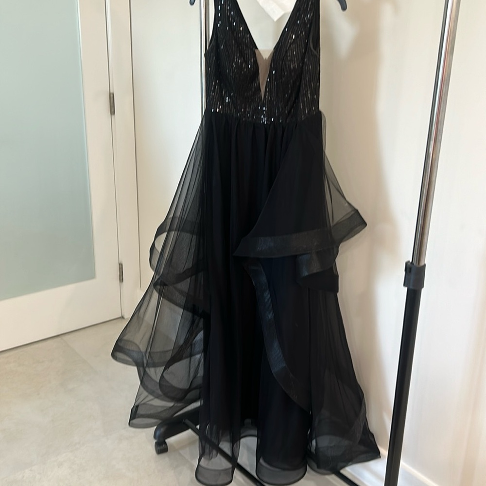 Evening gown, black sequin top and organza full bottom